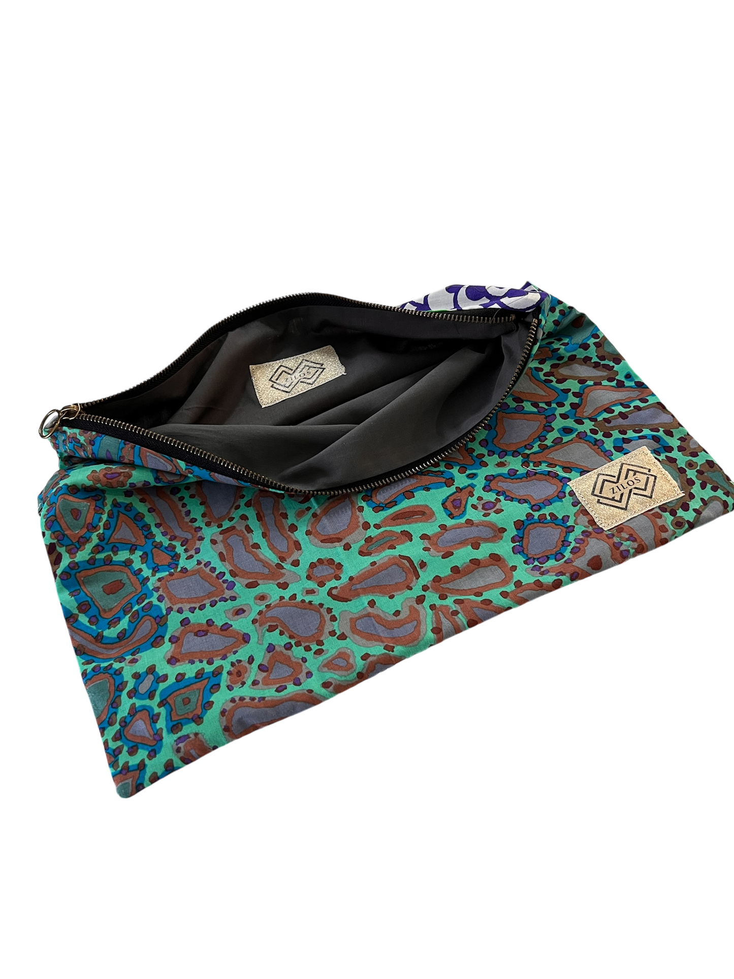 Dual-Sided Cotton Clutch Bag – Purple & Blue Bohemian Print *