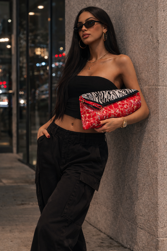 Dual-Sided Cotton Clutch – Zebra & Floral Fusion