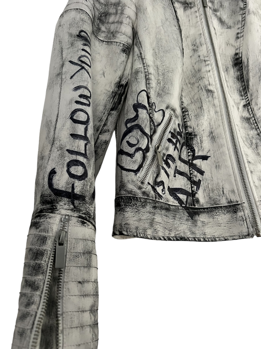 Hand-Painted White Biker Jacket - Eco Leather with Black Strokes