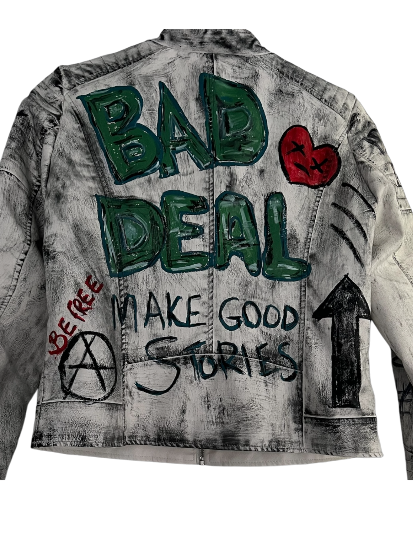 Hand-Painted White Biker Jacket – Black Stroke Design *