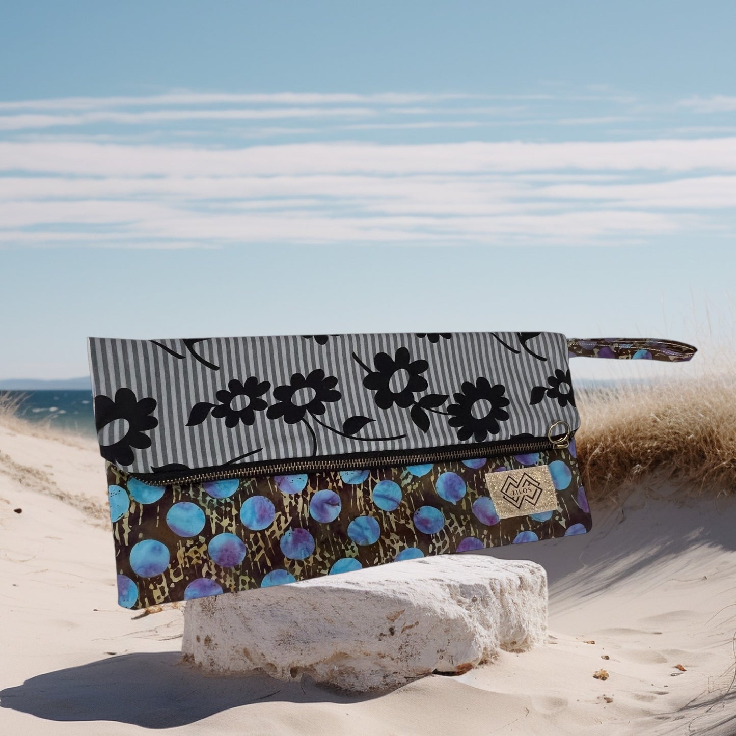 Zilos Reversible Clutch - Blue Gold & Floral Elegance