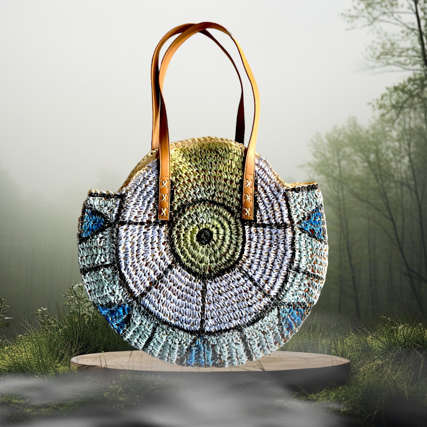 Straw Hand-Painted Round Tote Bag