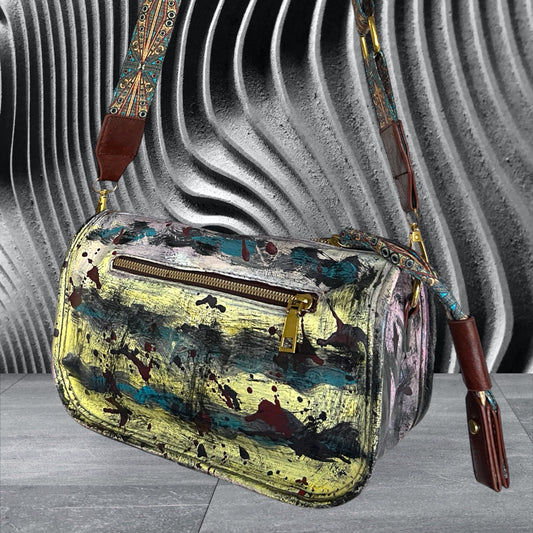 Hand-Painted Abstract Barrel Crossbody Bag *