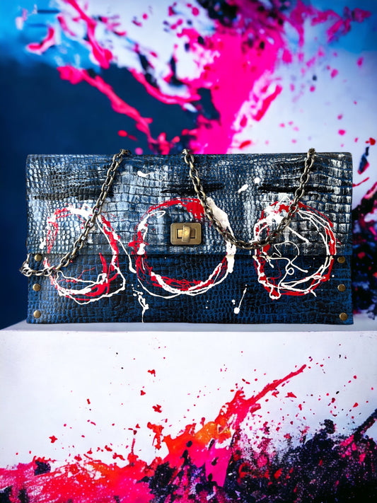 Blue Leather Envelope Clutch Hand Crafted Hand-Painted