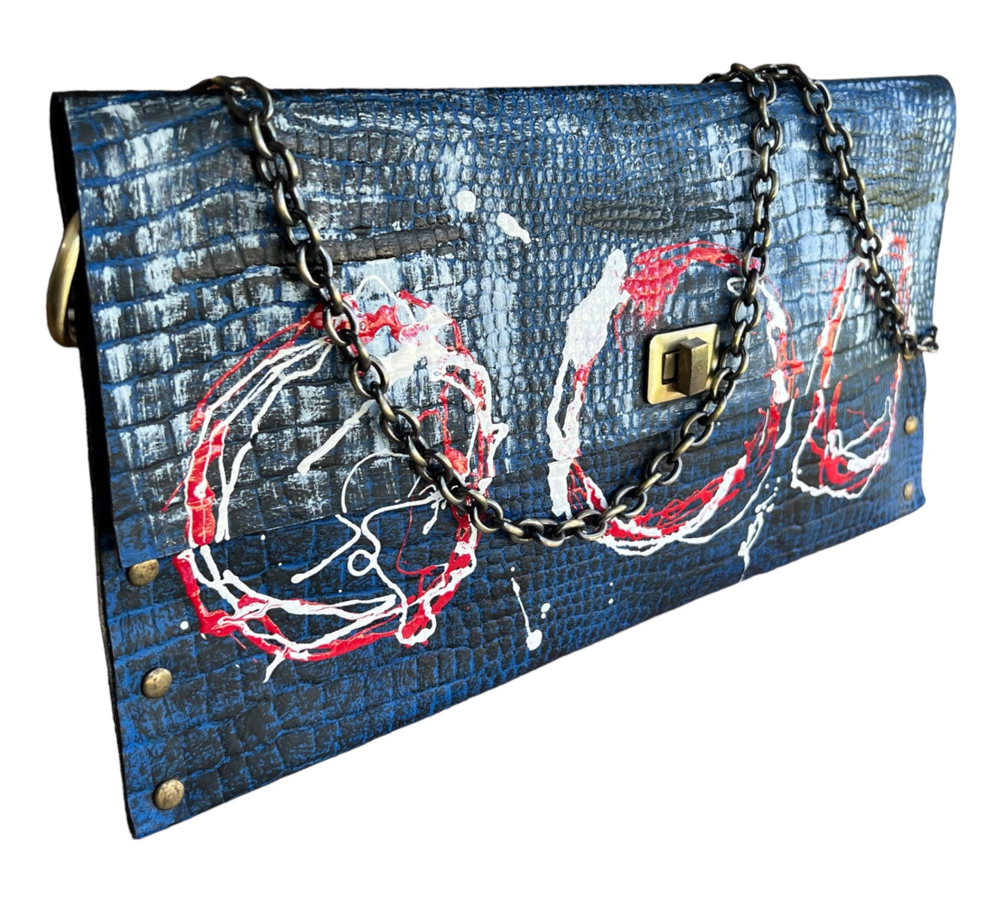 Blue Leather Envelope Clutch Hand Crafted Hand-Painted