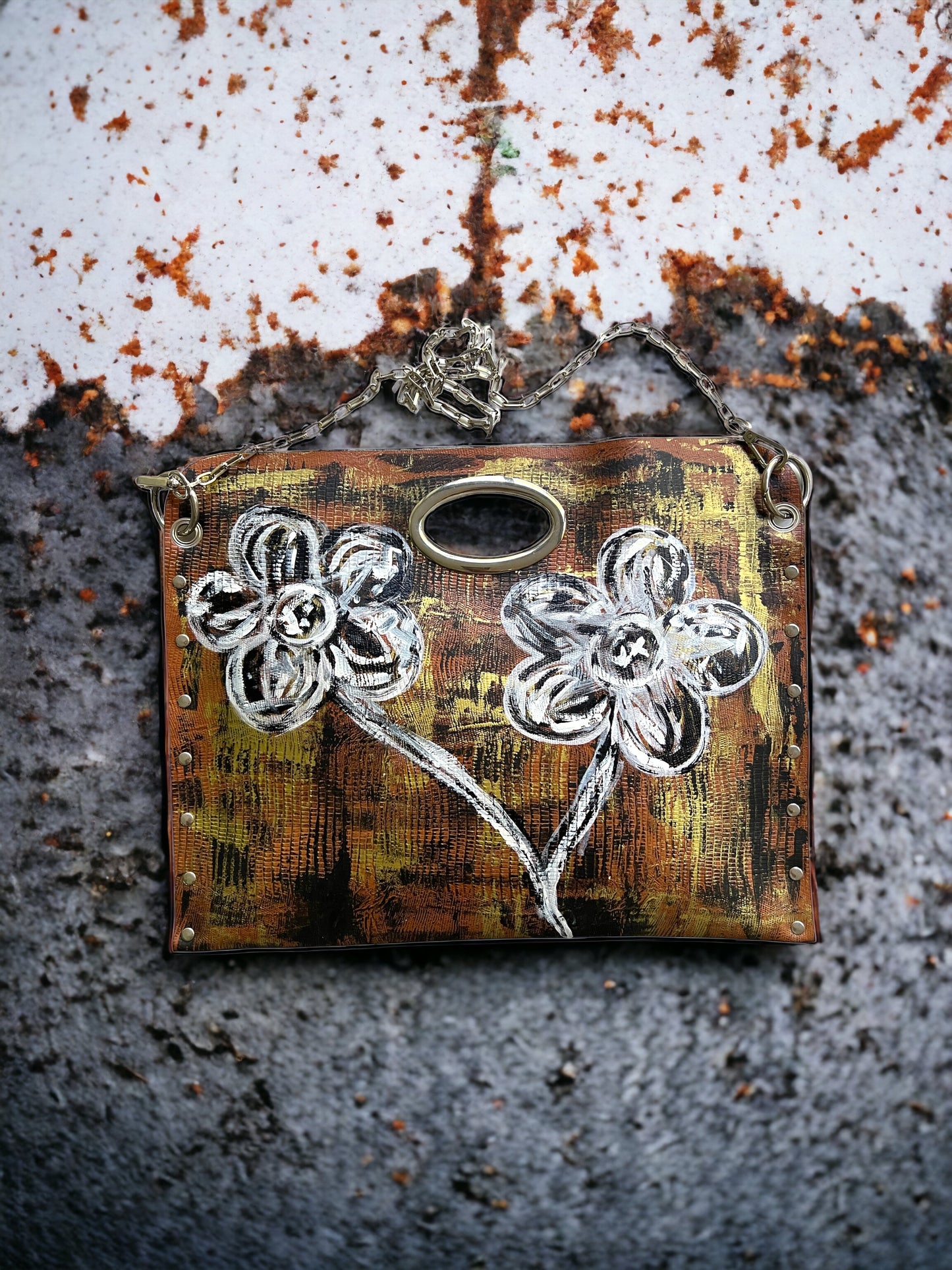 Hand-Painted Floral Leather Handbag