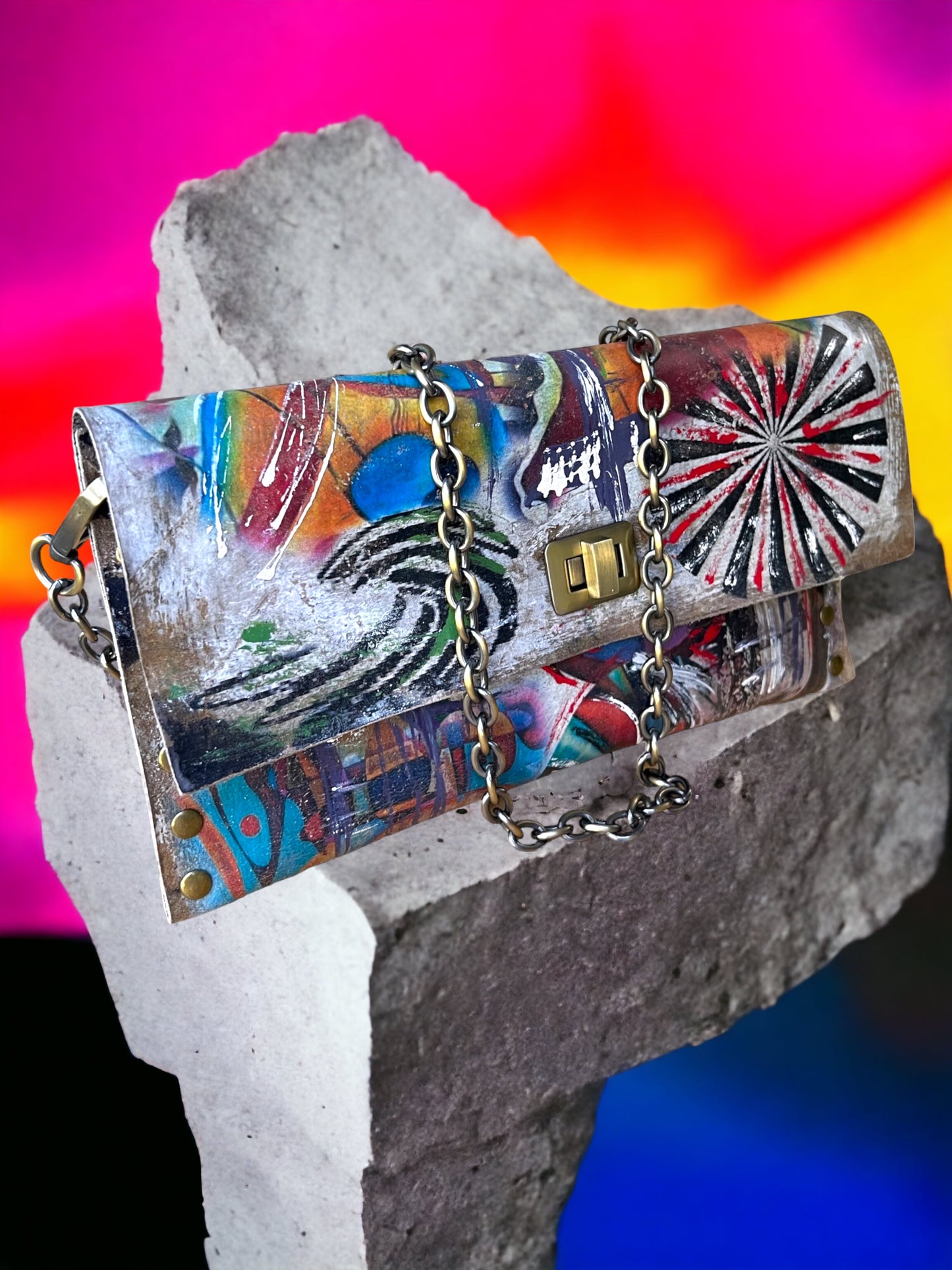 Abstract Leather Hand-Painted Clutch Bag