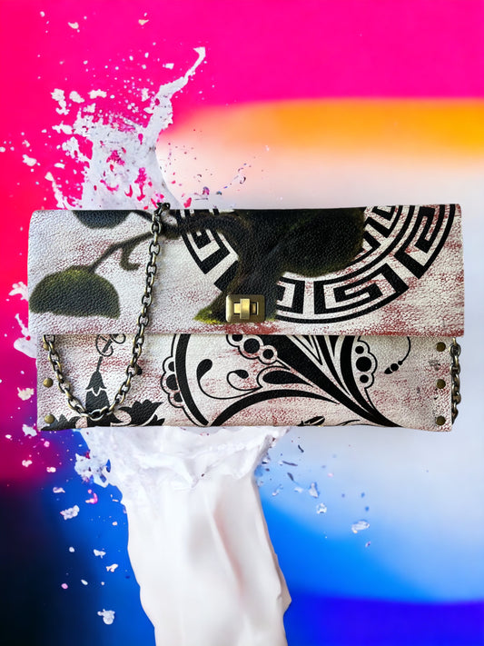 Hand-Painted Greek Meander Leather Clutch *