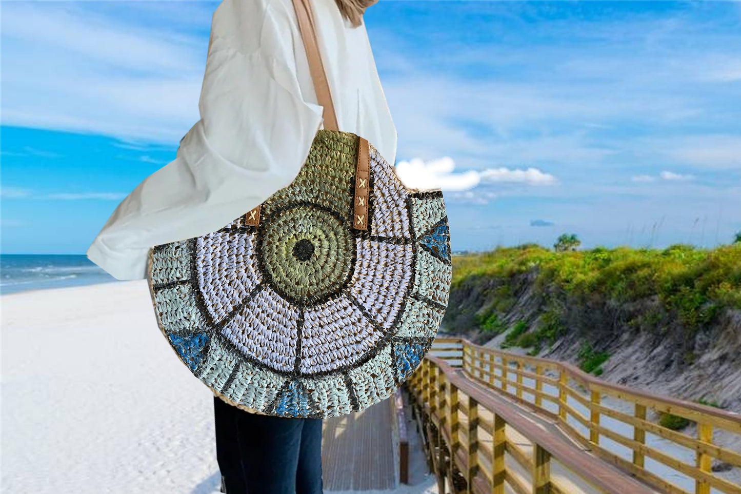 Straw Hand-Painted  Round Tote Bag