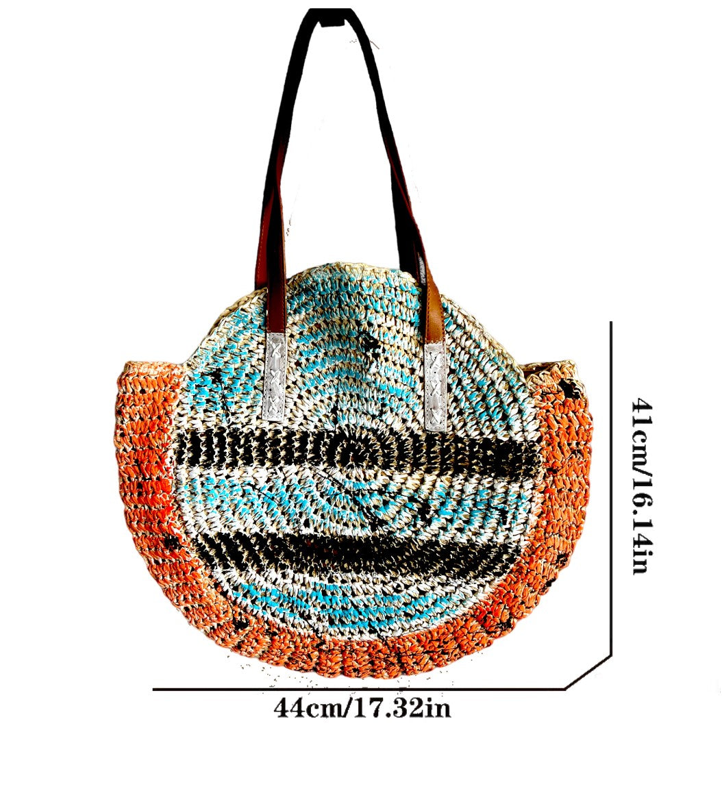 Straw Hand-Painted  Round Tote Bag