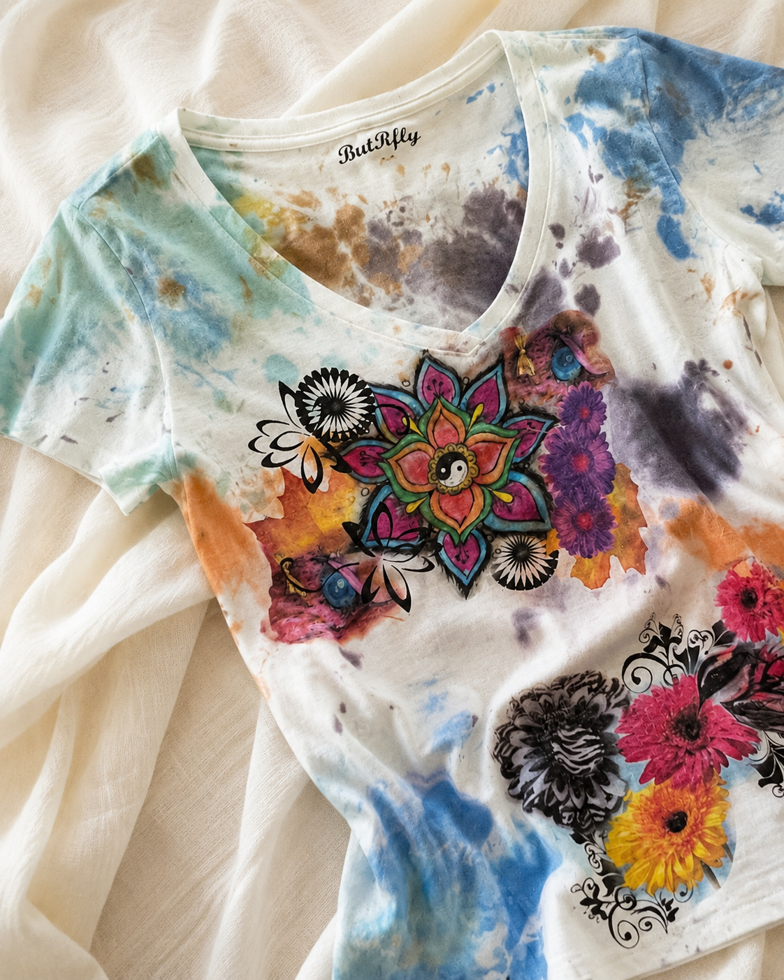 Women’s Floral Graphic V-Neck T-Shirt with Painted Details *