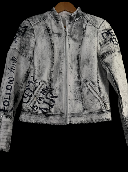 Hand-Painted White Biker Jacket – Black Stroke Design *