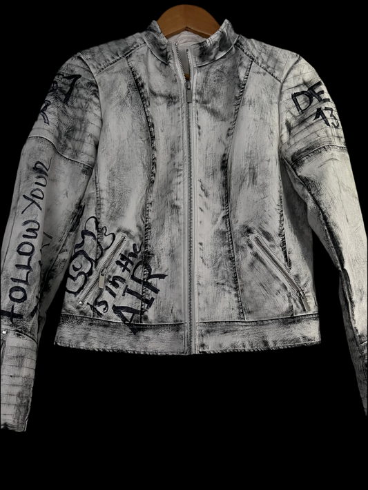 Hand-Painted White Biker Jacket - Eco Leather with Black Strokes