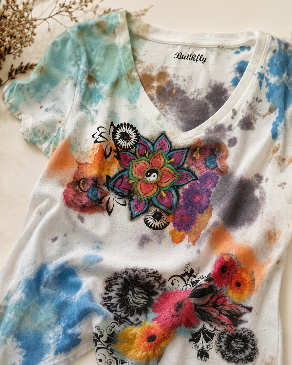 Women’s Floral Graphic V-Neck T-Shirt with Painted Details *