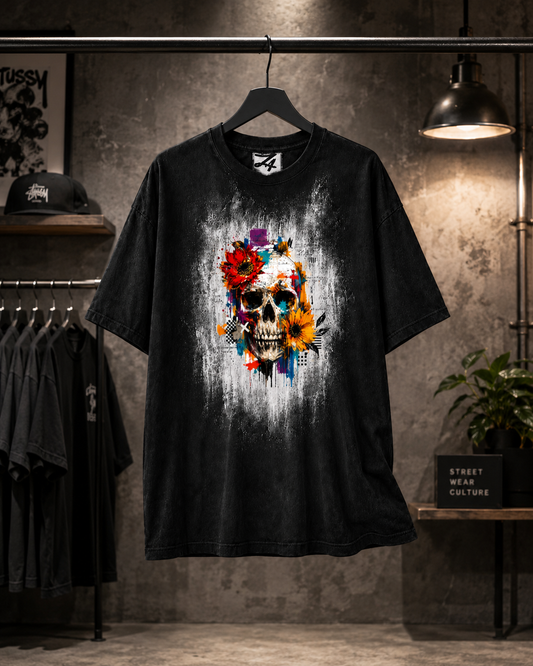 Black Skull & Floral Graphic T-Shirt | Z47 Streetwear