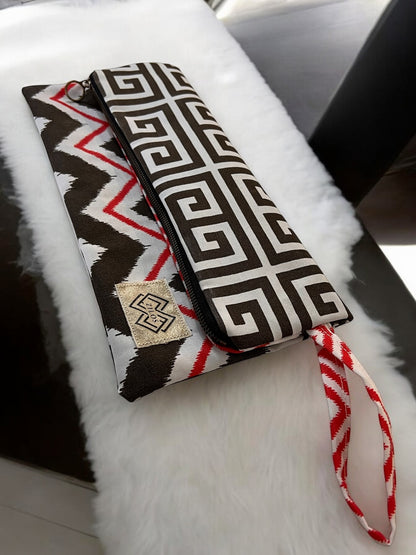 Dual-Sided Cotton Clutch - Zigzag & Greek Key Design