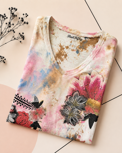 Women’s Abstract Floral Graphic V-Neck T-Shirt *