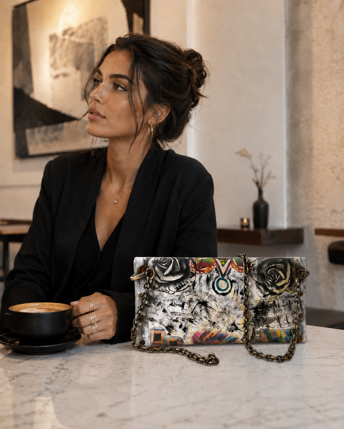Hand-Painted Leather Clutch Bag with Chain Strap