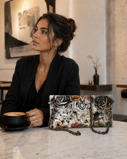 Hand-Painted Leather Clutch Bag with Chain Strap