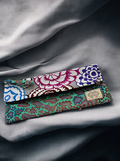 Dual-Sided Cotton Clutch Bag – Purple & Blue Bohemian Print *