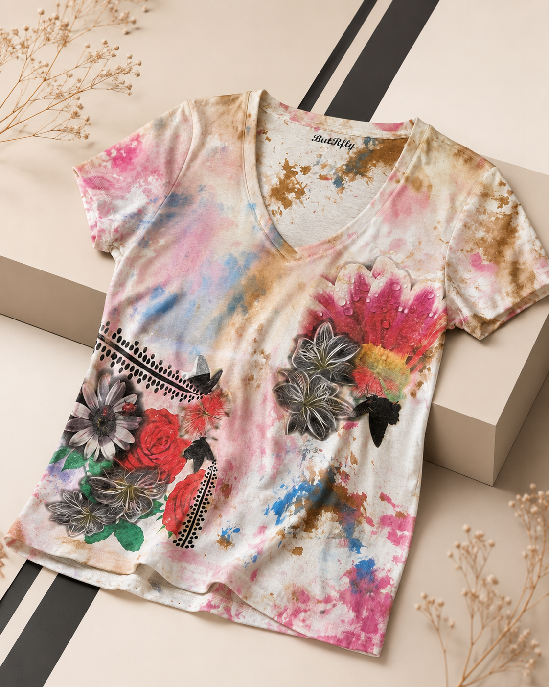 Women’s Abstract Floral Graphic V-Neck T-Shirt *