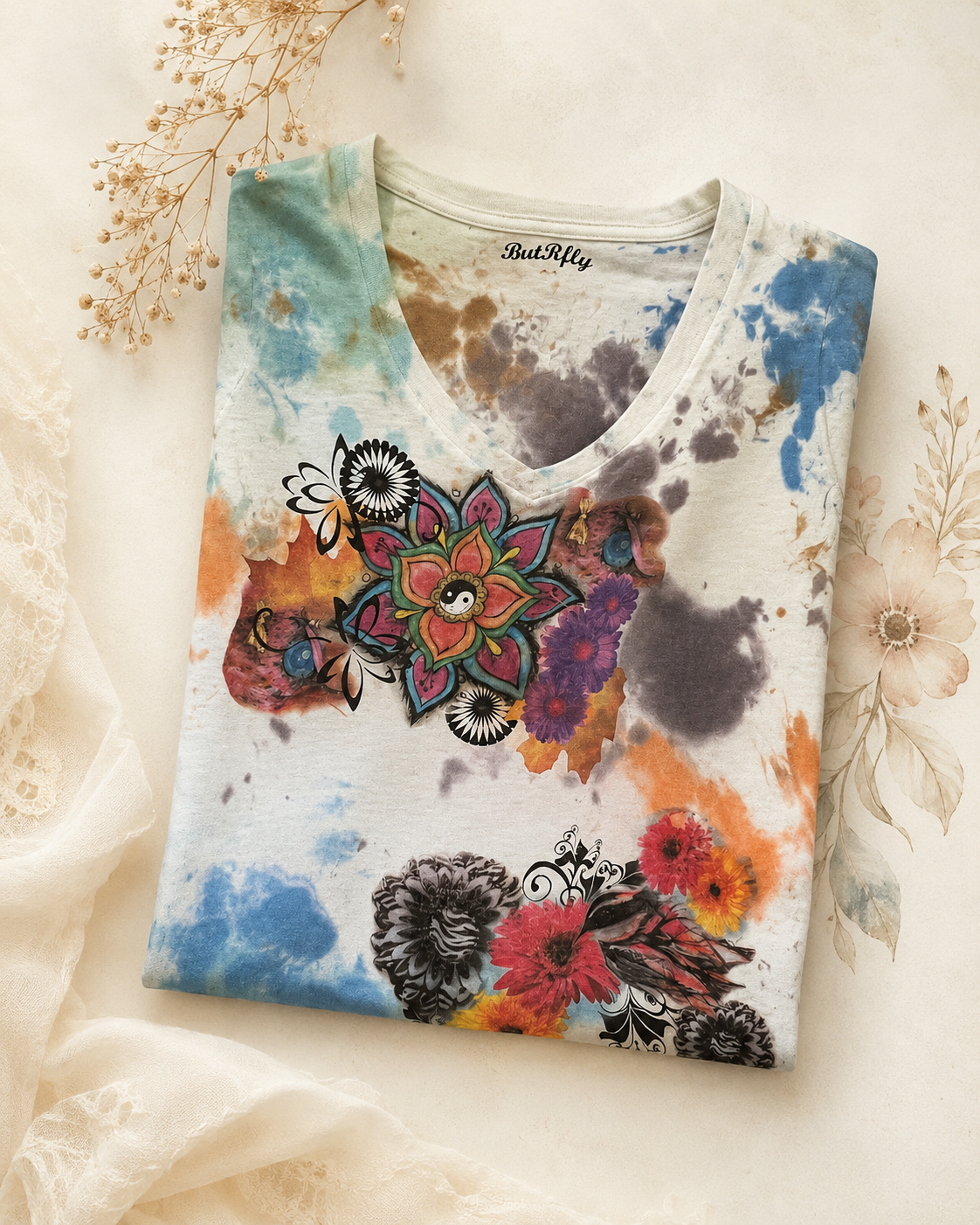 Women’s Floral Graphic V-Neck T-Shirt with Painted Details *