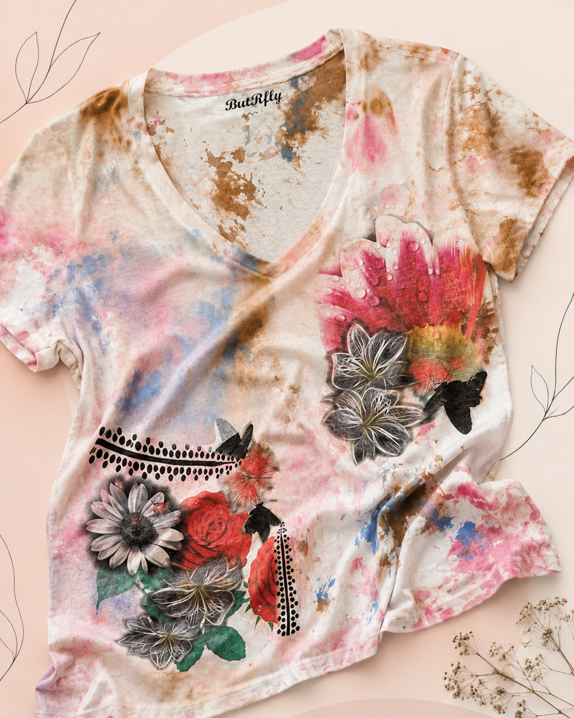 Women’s Abstract Floral Graphic V-Neck T-Shirt *