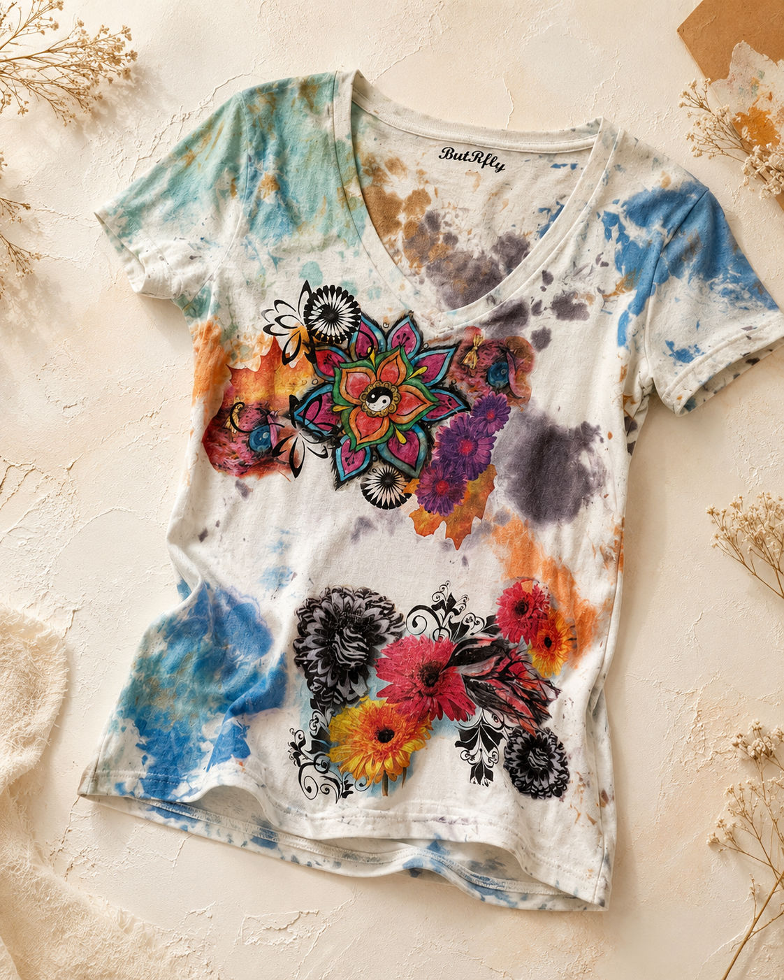 Women’s Floral Graphic V-Neck T-Shirt with Painted Details *