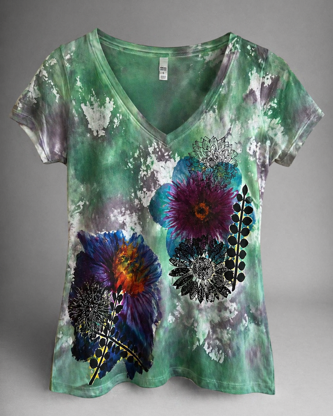 Hand-Painted Floral V-Neck T-Shirt – Women’s Artistic Designer Tee *