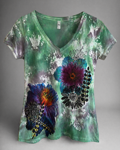 Hand-Painted Floral V-Neck T-Shirt – Women’s Artistic Designer Tee *