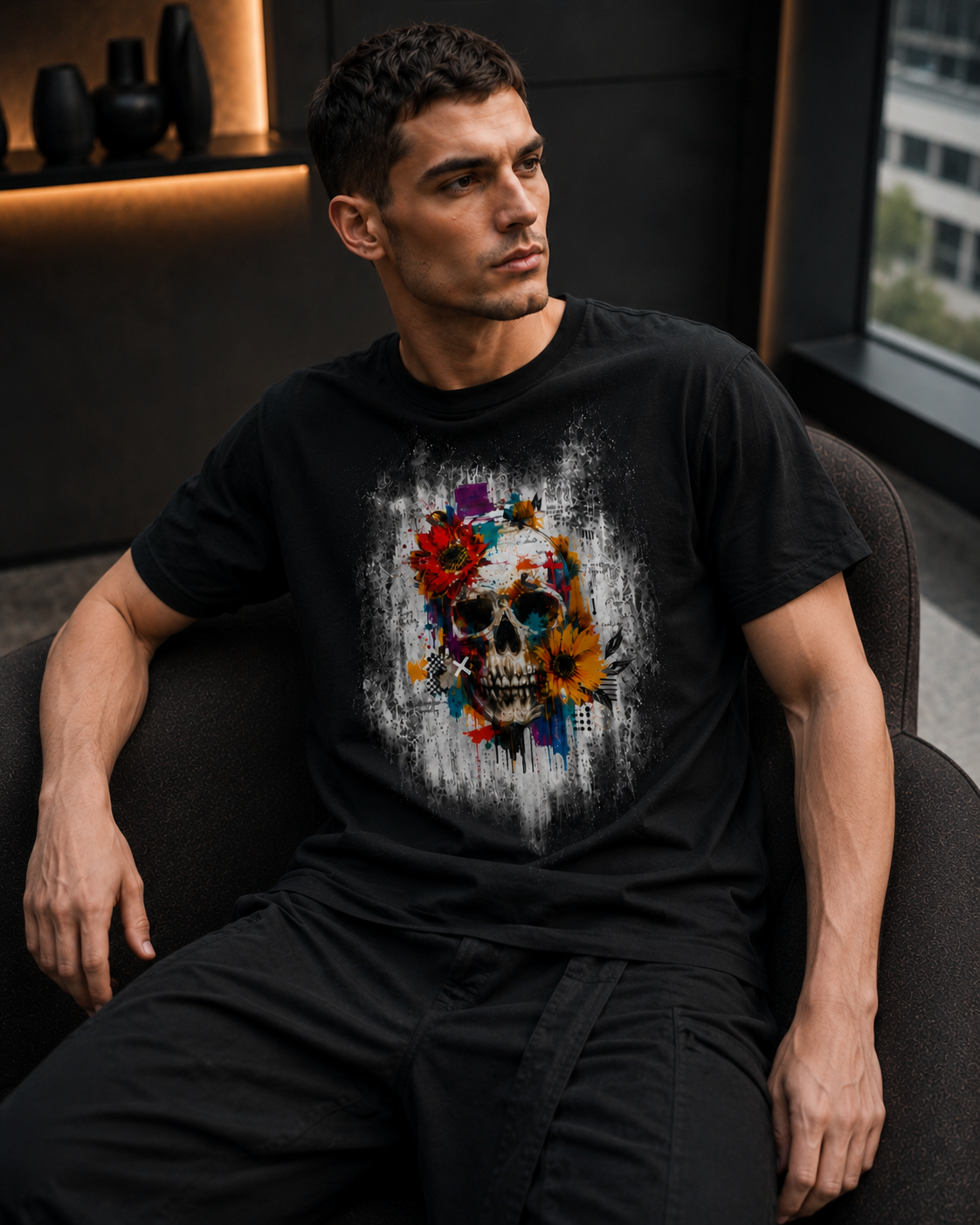 Black Skull & Floral Graphic T-Shirt | Z47 Streetwear