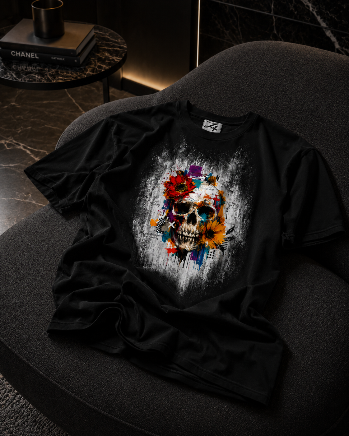 Black Skull & Floral Graphic T-Shirt | Z47 Streetwear
