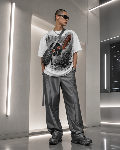Hand-Painted Skull & Red Feather Graphic T-Shirt | White Streetwear Tee