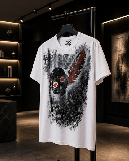 Hand-Painted Skull & Red Feather Graphic T-Shirt | White Streetwear Tee