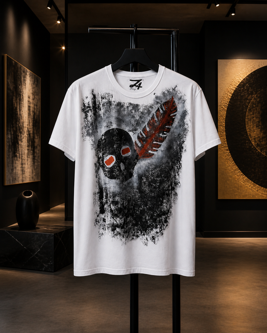 Hand-Painted Skull & Red Feather Graphic T-Shirt | White Streetwear Tee