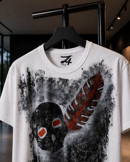 Hand-Painted Skull & Red Feather Graphic T-Shirt | White Streetwear Tee