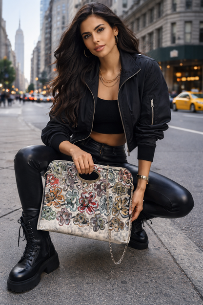 Hand-Painted Floral Leather Handbag *