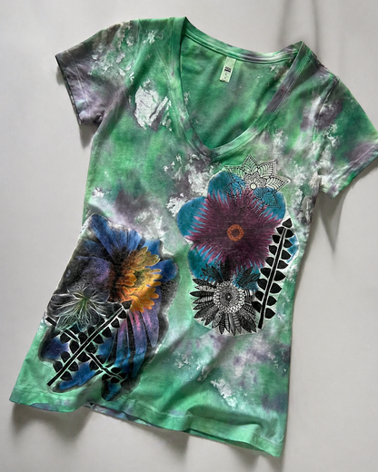 Hand-Painted Floral V-Neck T-Shirt – Women’s Artistic Designer Tee *