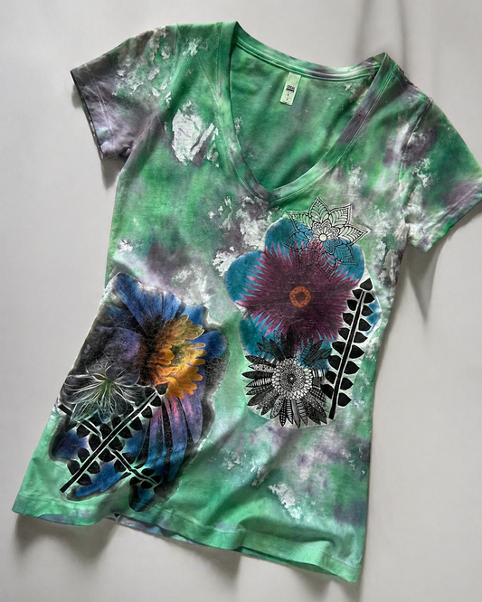 Hand-Painted Floral V-Neck T-Shirt – Women’s Artistic Designer Tee *