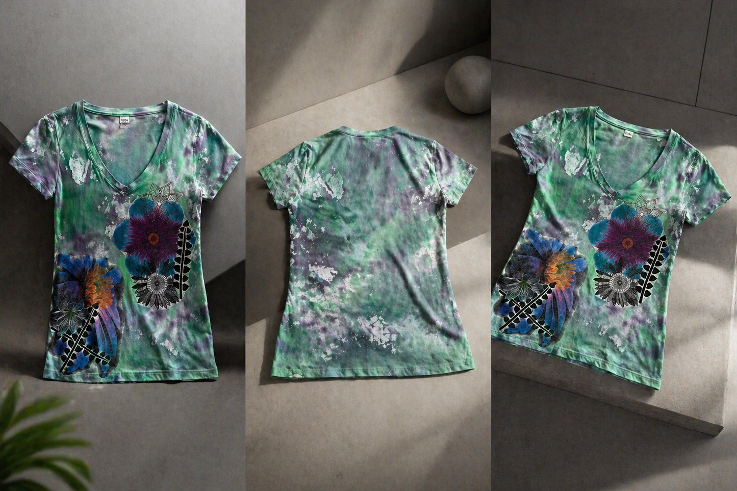 Hand-Painted Floral V-Neck T-Shirt – Women’s Artistic Designer Tee *