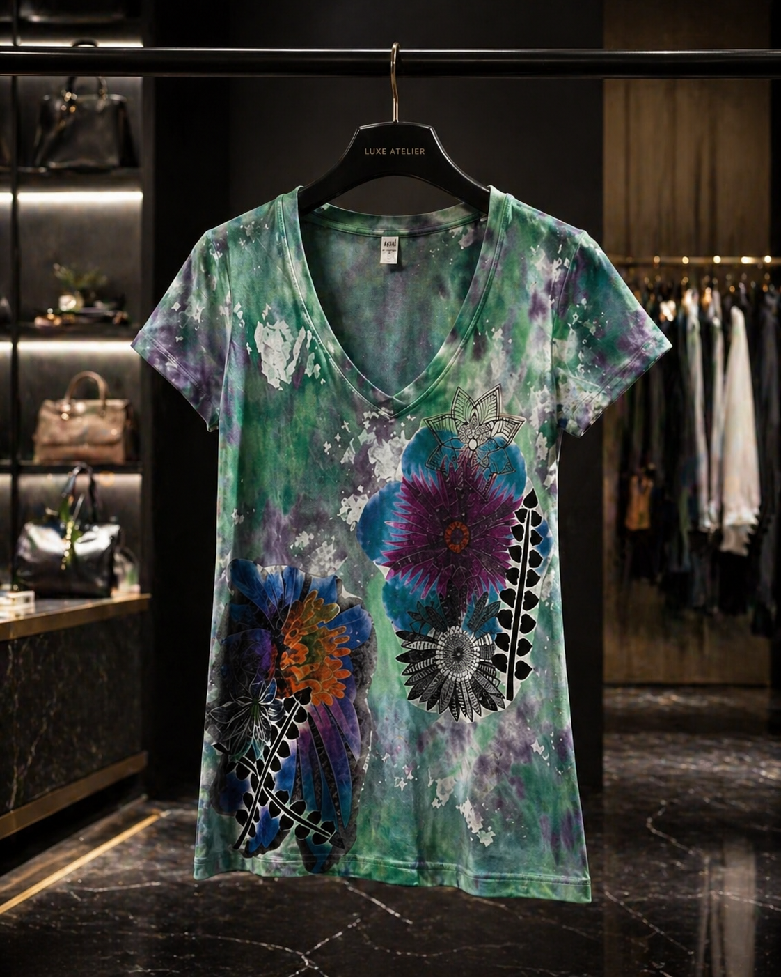 Hand-Painted Floral V-Neck T-Shirt – Women’s Artistic Designer Tee *