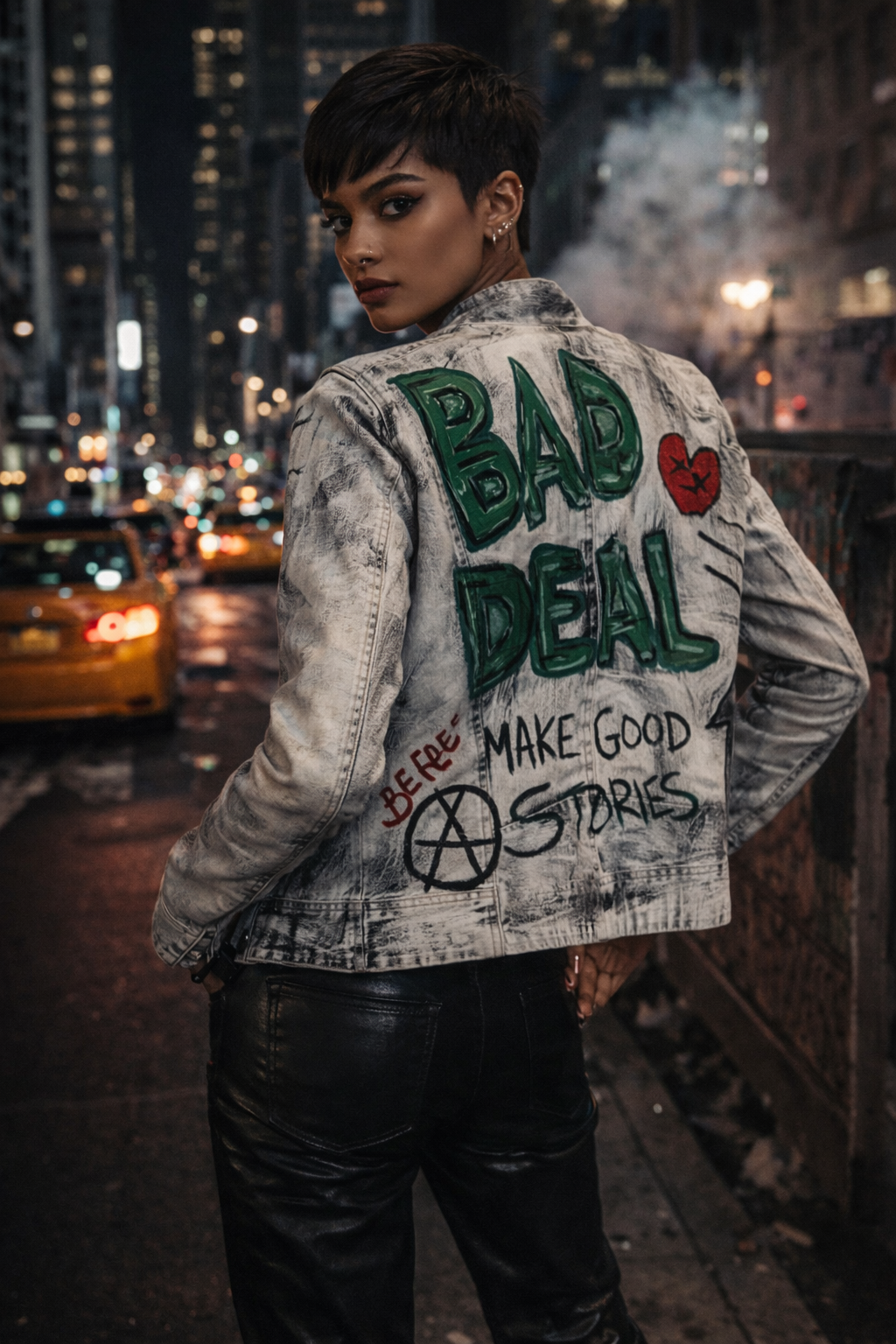 Hand-Painted White Biker Jacket – Black Stroke Design *