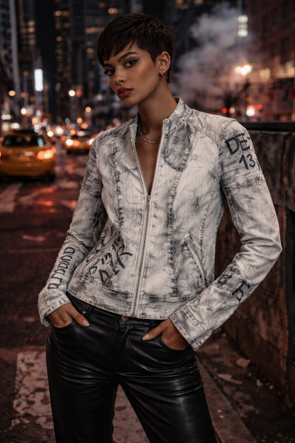 Hand-Painted White Biker Jacket – Black Stroke Design *
