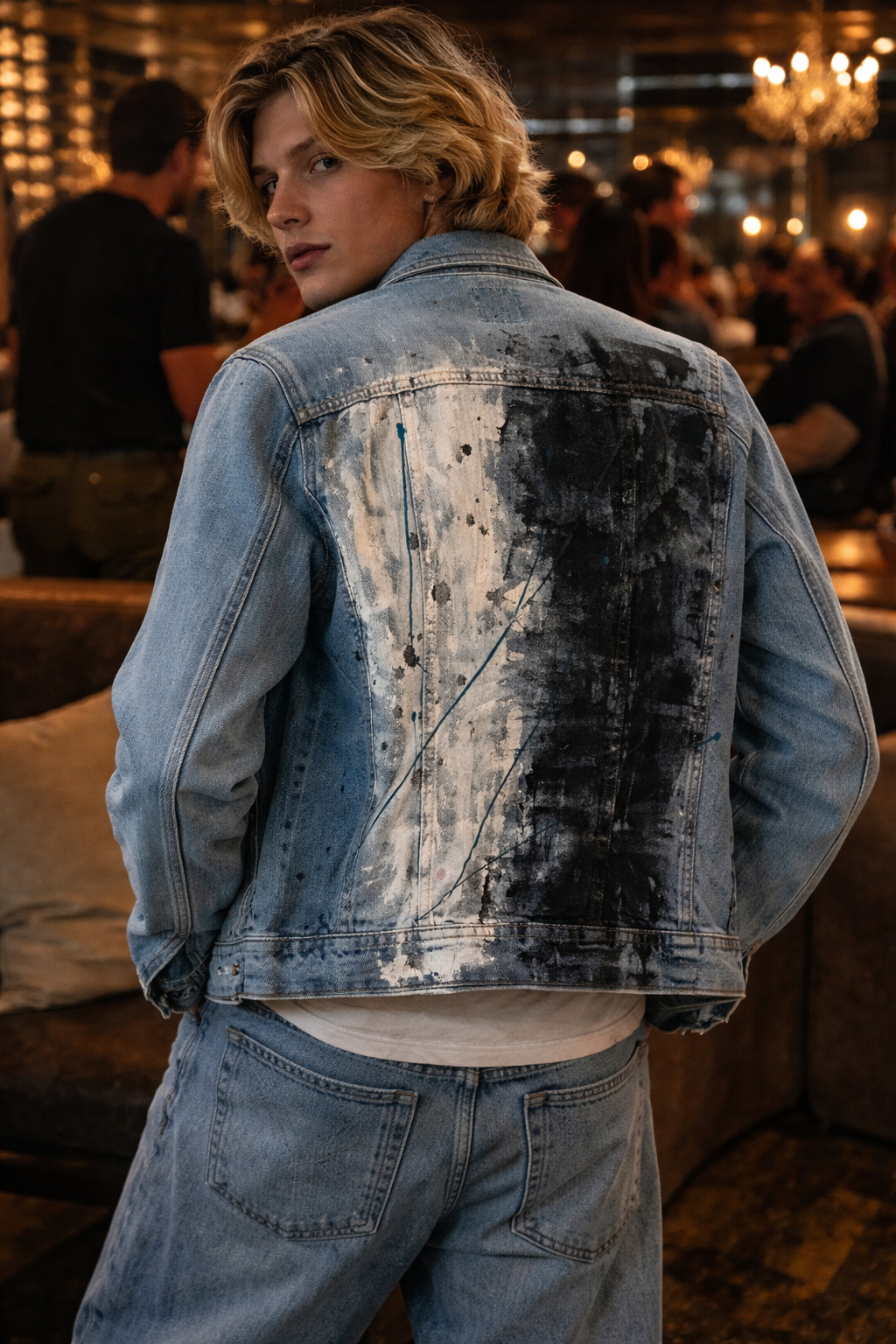 Hand-Painted Denim Jacket – Black & White Splash Design *