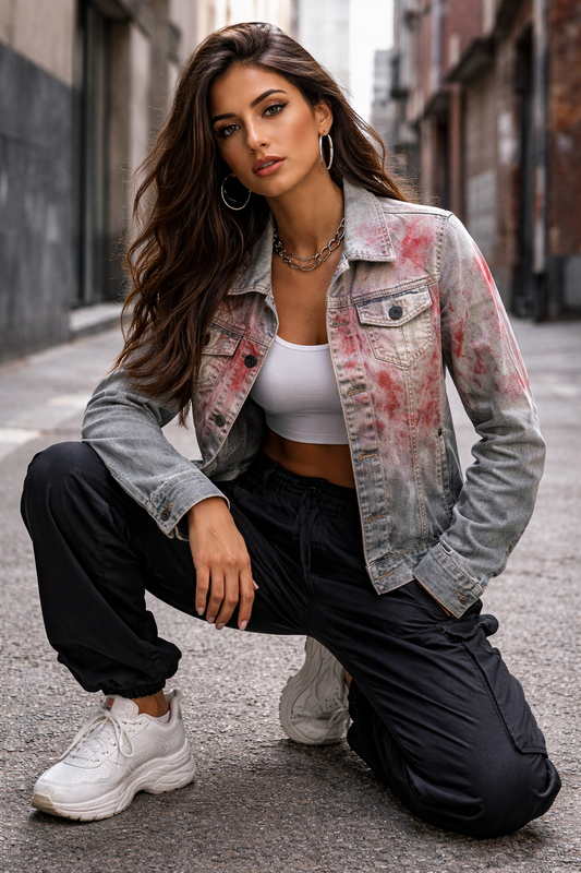 Gray Denim Jacket – Hand-Painted Love Party Me & You Design *