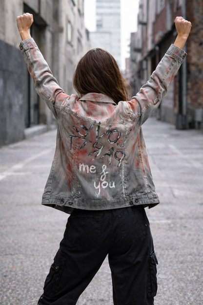Gray Denim Jacket – Hand-Painted Love Party Me & You Design *