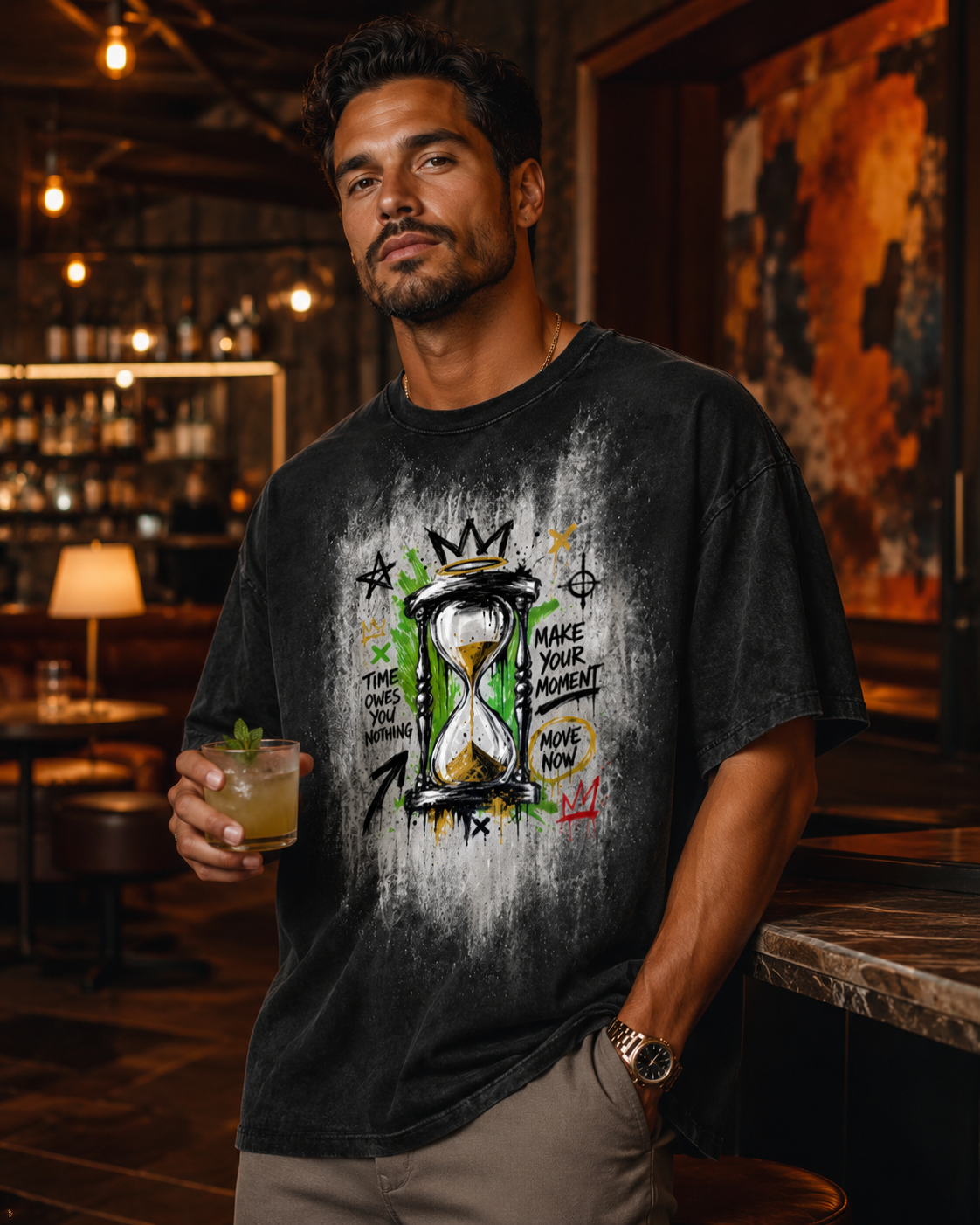 Black Hourglass Graphic T-Shirt, Oversized Streetwear Tee, Time Owes You Nothing Shirt, Urban Unisex Graphic Top