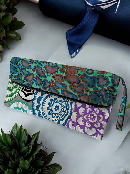Dual-Sided Cotton Clutch Bag – Purple & Blue Bohemian Print *