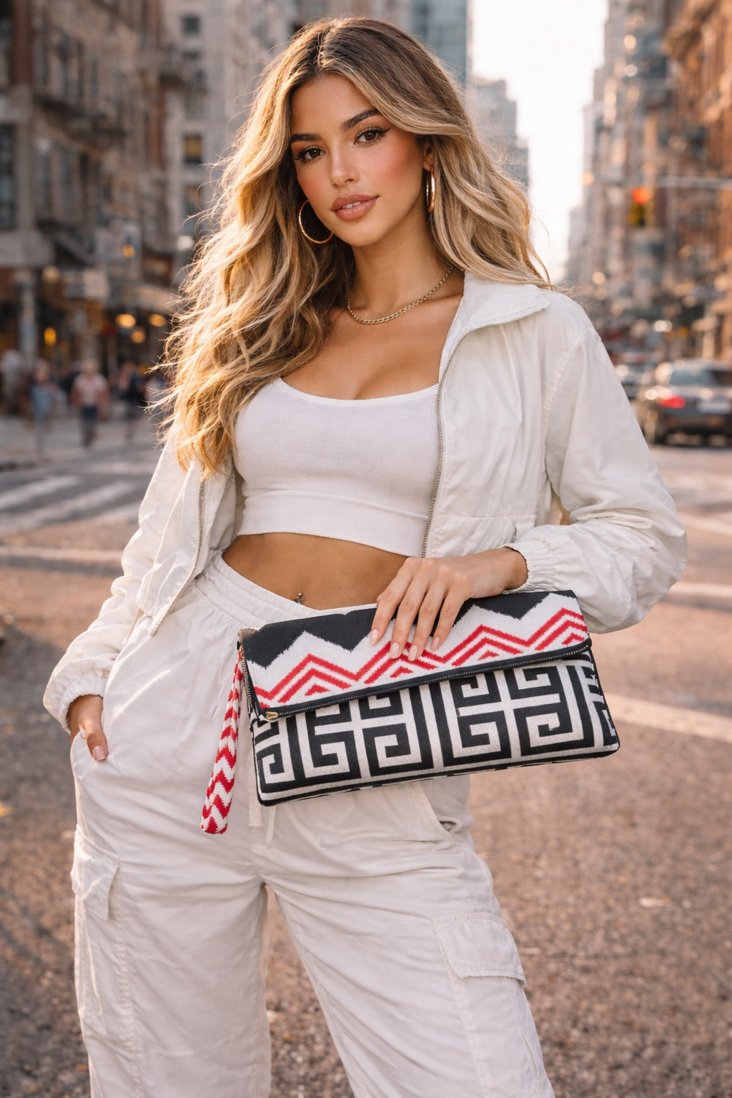 Dual-Sided Cotton Clutch - Zigzag & Greek Key Design