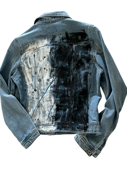 Hand-Painted Denim Jacket – Black & White Splash Design *